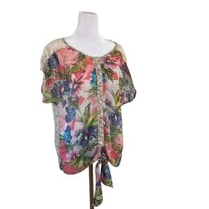 Fig & Flower Sheer Floral Lace Tie Waist Blouse Size Medium